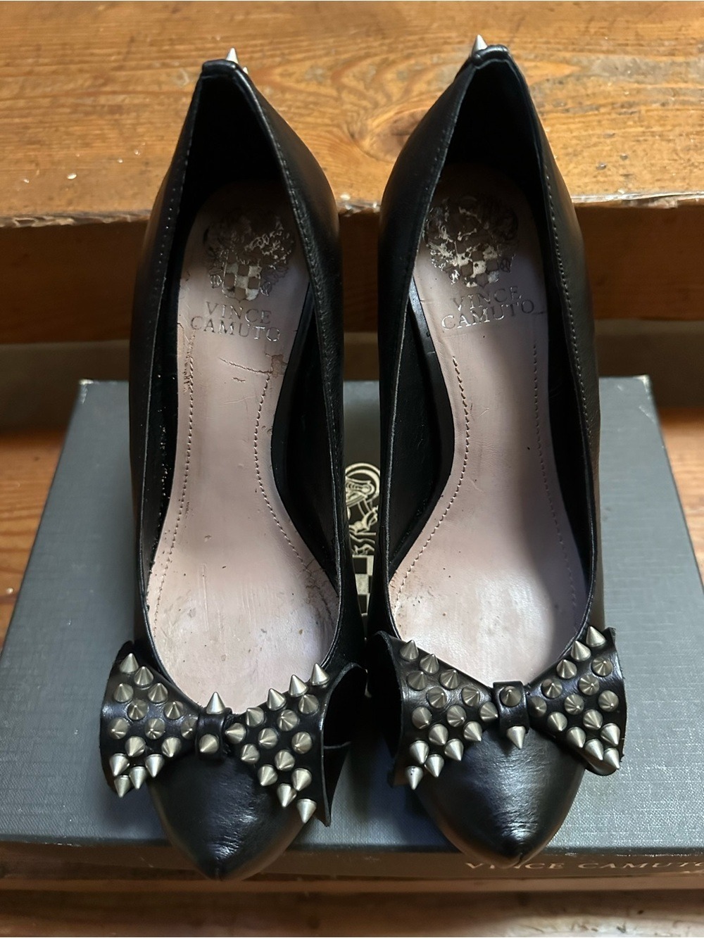 Vince Camuto Black Pointed Toe Pumps with Studded Bow and Studded heel.